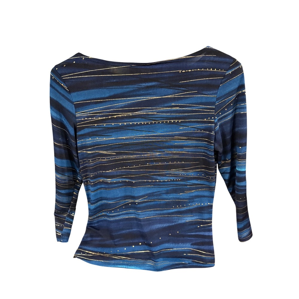 Rave Vintage 90s Blue Abstract Wave Gold Metallic Stripe 3/4 Sleeve Top Medium - Picture 2 of 3